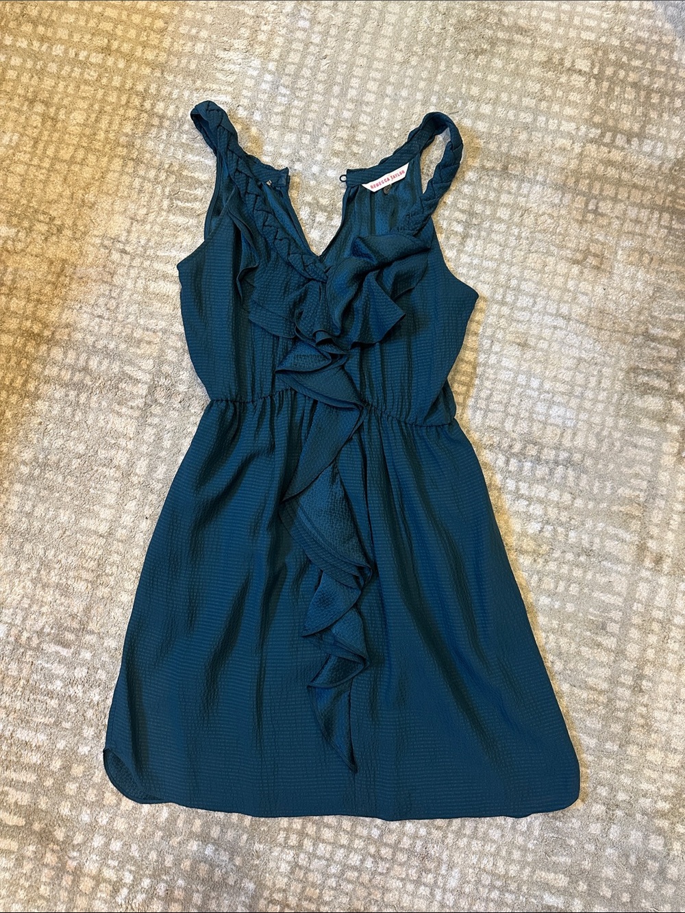 Rebecca Taylor Teal Ruffled V-Neck Mini Dress